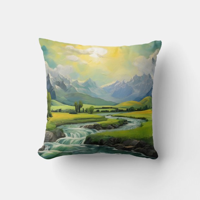 Mountain River Green Forest Sunset Throw Pillow (Front)