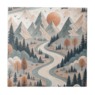 Mountain River Landscape Boho Abstract Pattern Art Ceramic Tile