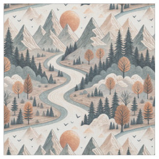 Mountain River Landscape Boho Abstract Pattern Art Fabric