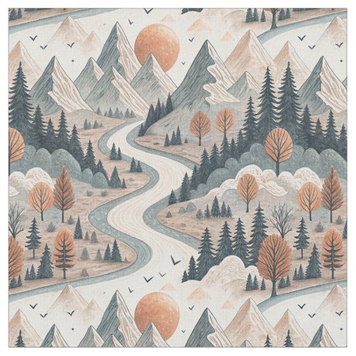 Mountain River Landscape Boho Abstract Pattern Art Fabric