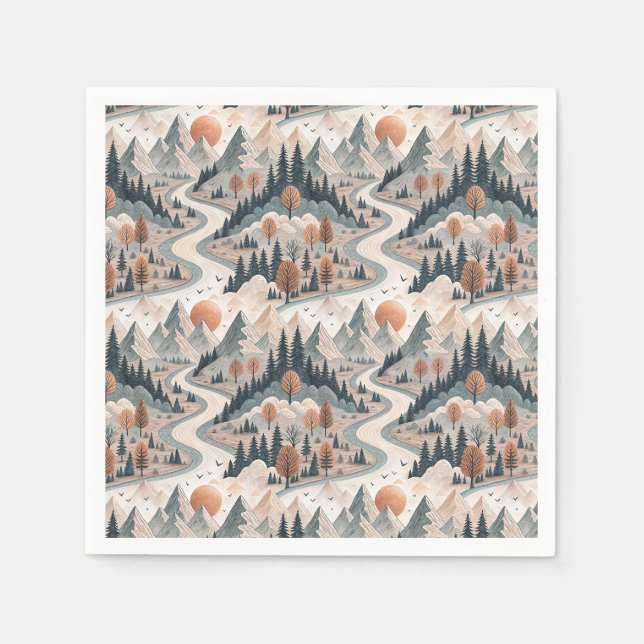 Mountain River Landscape Boho Abstract Pattern Art Napkins (Front)