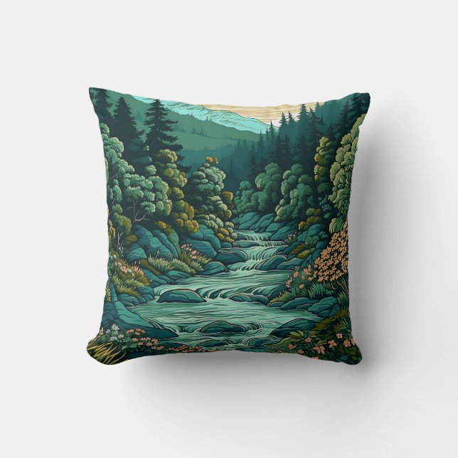 Mountain River Landscape Throw Pillow (Front)