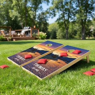 Mountain River Sunset Surname Custom Cornhole Set