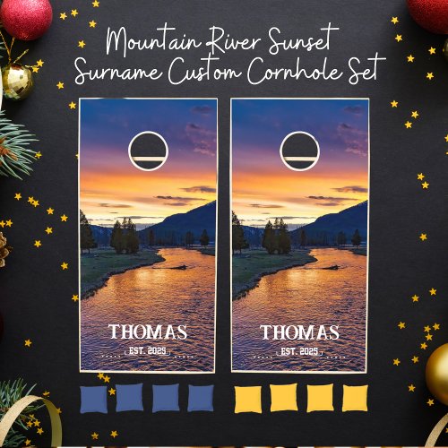 Mountain River Sunset Surname Custom Cornhole Set