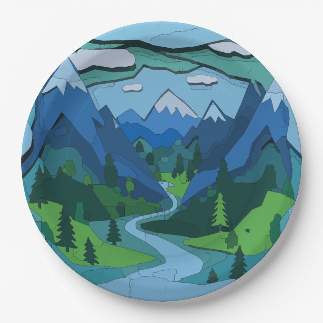 Mountain River Valley Cutout Paper Plates (Front)