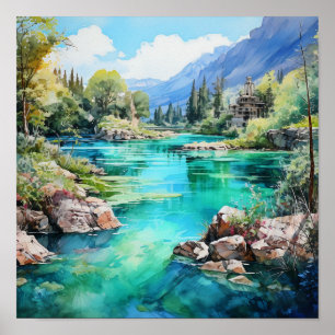 Mountain River Vivid Colors Watercolor Painting Poster
