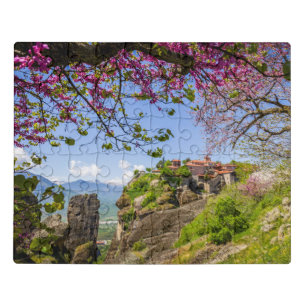 mountain rock and pink cherry tree flower blossom jigsaw puzzle