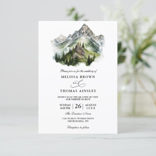 Mountain Rustic Forest Budget QR Code Wedding Invitation