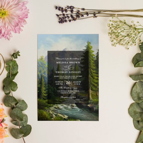 Mountain Rustic Forest Budget QR Code Wedding Invitation