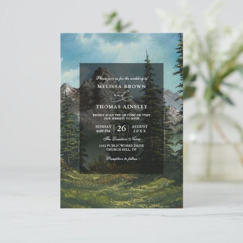 Mountain Rustic Forest Budget QR Code Wedding Invitation