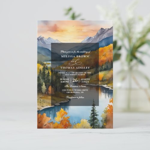 Mountain Rustic Forest Lake Budget QR Code Wedding Invitation