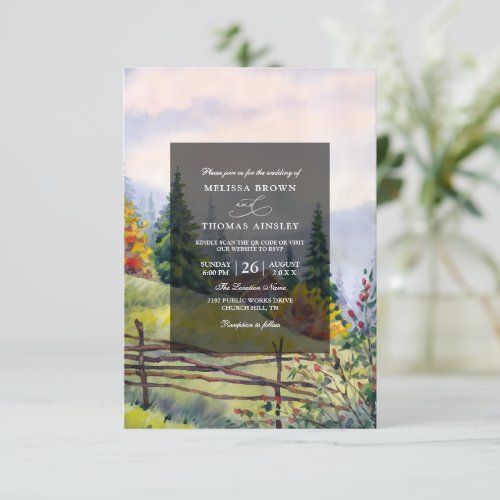Mountain Rustic Landscape Budget QR Code Wedding Invitation