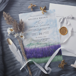 Mountain Rustic Lavender Meadow QR Code Wedding Invitation