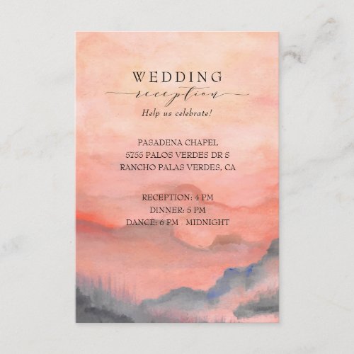 Mountain Rustic Sunset Coral Wedding Reception Enclosure Card - When it comes to wedding stationery, woodland styles kick off the theme for a magical evening or an entire wedding weekend in the mountains Set the tone of your rustic wedding with this mountain-inspired design featuring a watercolor mountain scene background with pine trees.