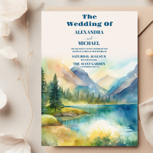 Mountain Rustic Sunset Watercolor Orange Wedding Invitation
