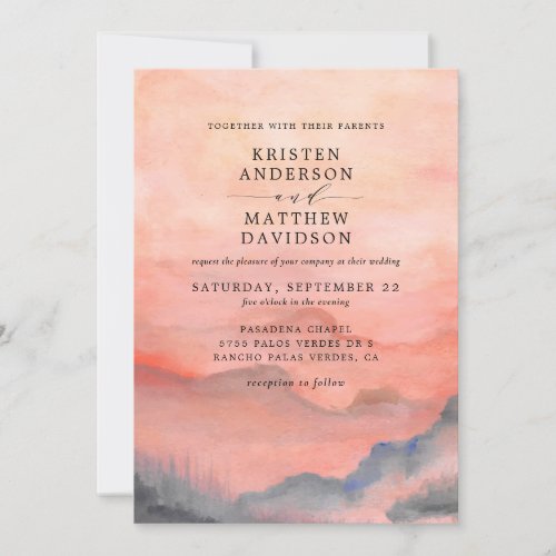 Mountain Rustic Sunset Watercolor Orange Wedding Invitation - When it comes to wedding stationery woodland styles kick off the theme for a magical evening or an entire wedding weekend in the mountains Set the tone of your rustic wedding with this mountain-inspired design featuring a watercolor mountain scene background with pine trees.