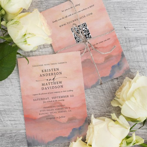 Mountain Rustic Sunset Watercolor QR Code Wedding Invitation