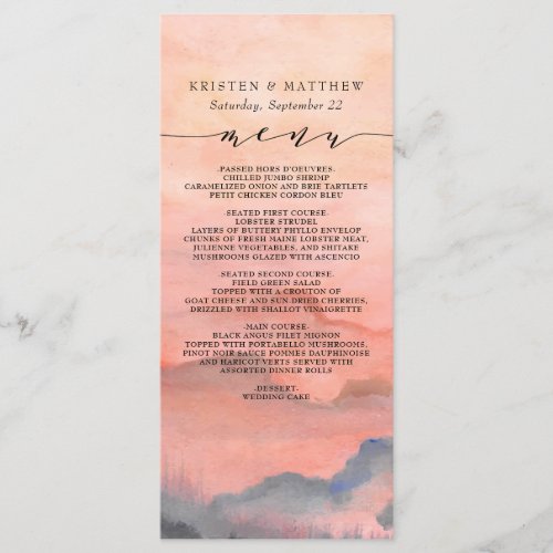 Mountain Rustic Sunset Watercolor Wedding Menu - When it comes to wedding stationery, woodland styles kick off the theme for a magical evening or an entire wedding weekend in the mountains Set the tone of your rustic wedding with this mountain-inspired design featuring a watercolor mountain scene background with pine trees.