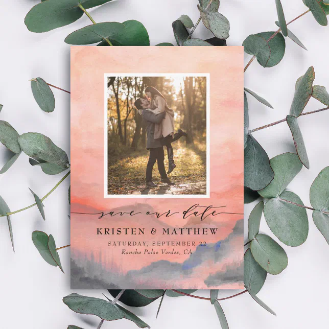 Mountain Rustic Sunset Watercolor Wedding Photo Save The Date | Zazzle