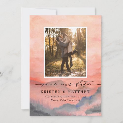 Mountain Rustic Sunset Watercolor Wedding Photo Save The Date - Continue the tone of your rustic wedding with this mountain-inspired design featuring a watercolor mountain scene background with pine trees.