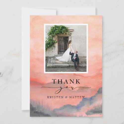 Mountain Rustic Sunset Watercolor Wedding Photo Thank You Card - When it comes to wedding stationery, woodland styles kick off the theme for a magical evening or an entire wedding weekend in the mountains Set the tone of your rustic wedding with this mountain-inspired design featuring a watercolor mountain scene background with pine trees.
