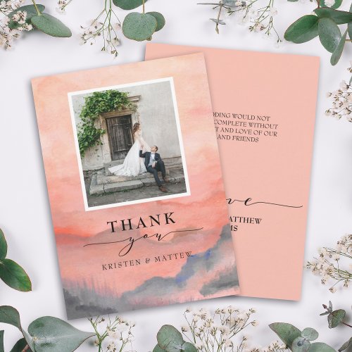Mountain Rustic Sunset Watercolor Wedding Photo Thank You Card