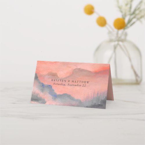 Mountain Rustic Sunset Watercolor Wedding Place Card - When it comes to wedding stationery, woodland styles kick off the theme for a magical evening or an entire wedding weekend in the mountains Set the tone of your rustic wedding with this mountain-inspired design featuring a watercolor mountain scene background with pine trees.