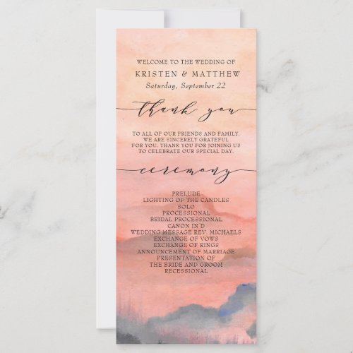 Mountain Rustic Sunset Watercolor Wedding Program - When it comes to wedding stationery, woodland styles kick off the theme for a magical evening or an entire wedding weekend in the mountains Set the tone of your rustic wedding with this mountain-inspired design featuring a watercolor mountain scene background with pine trees.