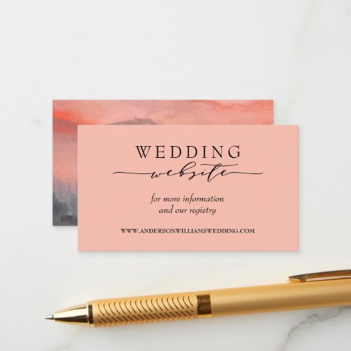 Mountain Rustic Sunset Watercolor Wedding Website Enclosure Card - When it comes to wedding stationery, woodland styles kick off the theme for a magical evening or an entire wedding weekend in the mountains Set the tone of your rustic wedding with this mountain-inspired design featuring a watercolor mountain scene background with pine trees.