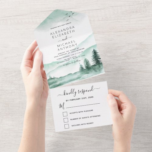Mountain Rustic Watercolor Greenery All In One Invitation