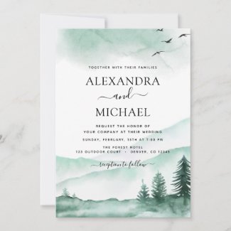 Mountain Rustic Watercolor Greenery Wedding Invitation