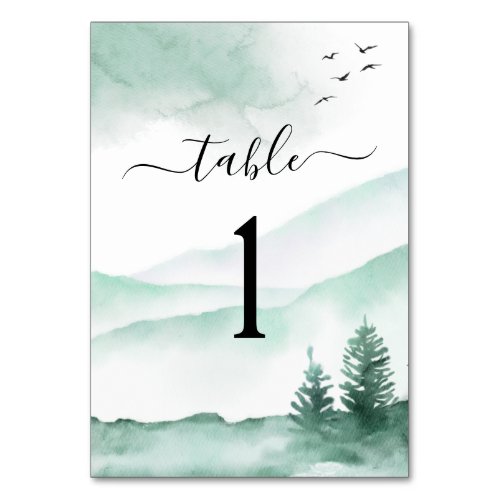 Mountain Rustic Watercolor Greenery Wedding Table Number