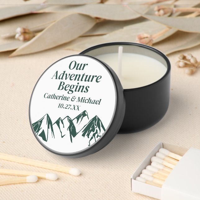 Mountain Rustic Wedding Couple Names & Date Mini Candle Favors (Insitu)