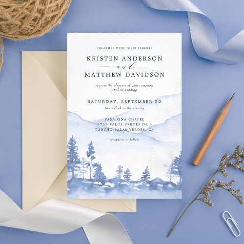 Mountain Rustic Woodland Watercolor Blue Wedding Invitation