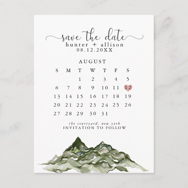 Mountain Save The Date Calendar Postcard (Front)