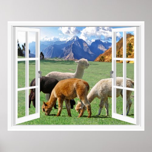 Mountain Scene Alpaca Landscape Art Window View Poster