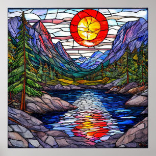 Mountain scene with a lake and trees poster