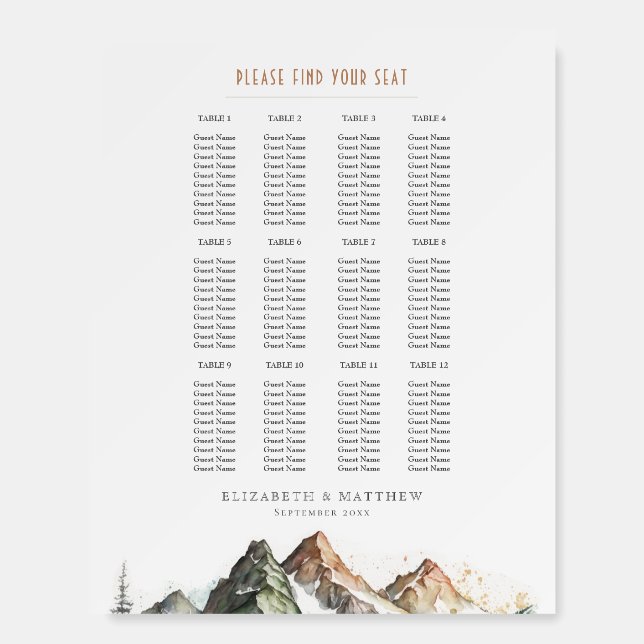 Mountain Seating Chart Wedding Foam Board (Front)