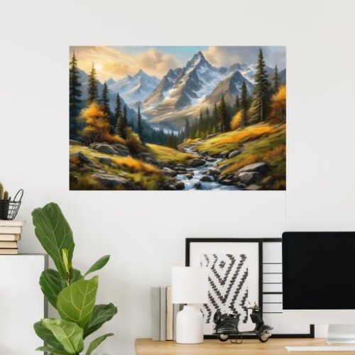 Mountain Serenity River Flow Watercolor Wall Art