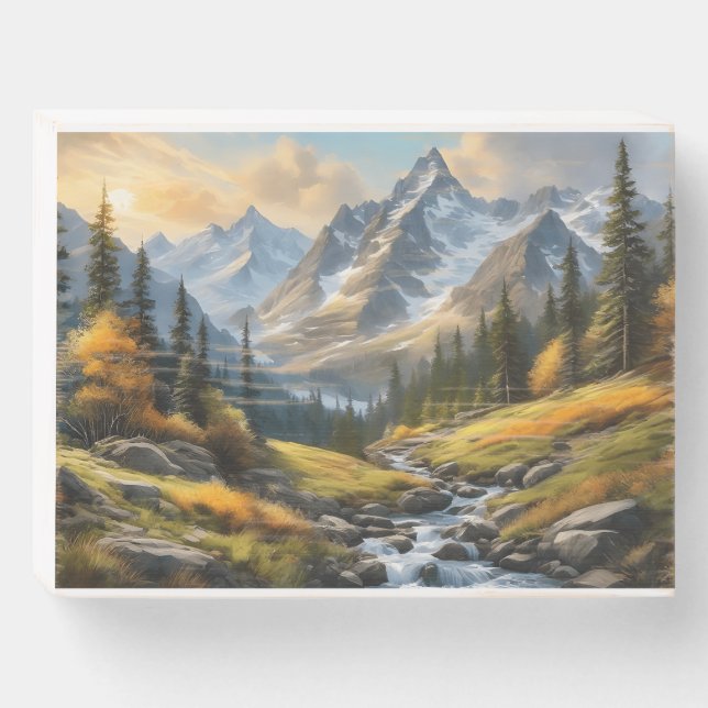 "Mountain Serenity: River Flow Wood Wall Art Wooden Box Sign (Front Horizontal)