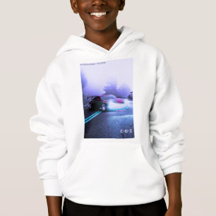 mountain side sports car on boys white sweater