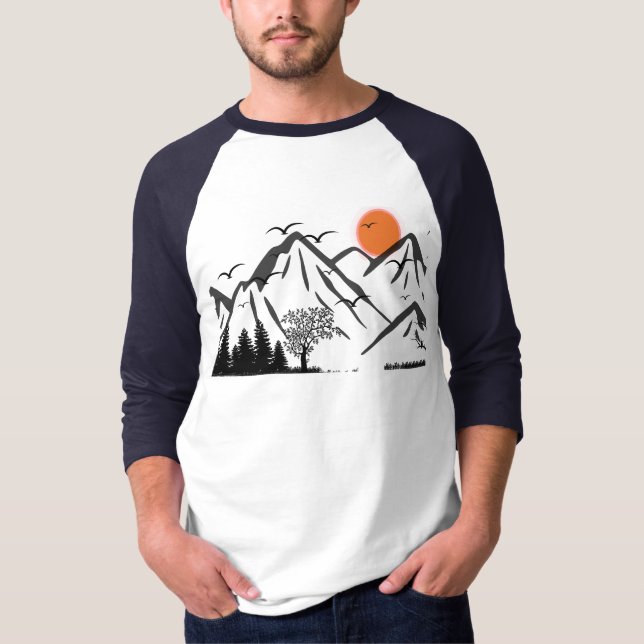 Mountain Silhouette with Flying Birds T-Shirt (Front)