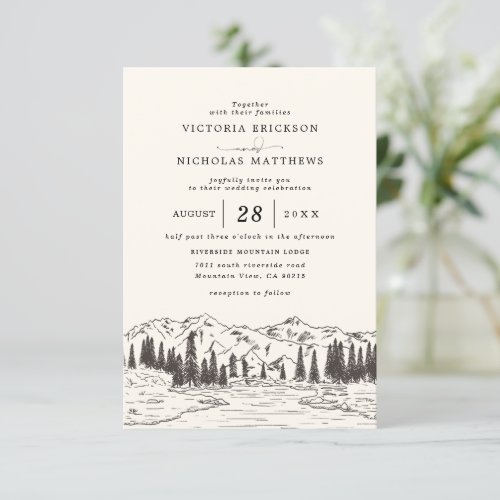 Mountain Sketch Forest Budget QR Code Wedding Invitation