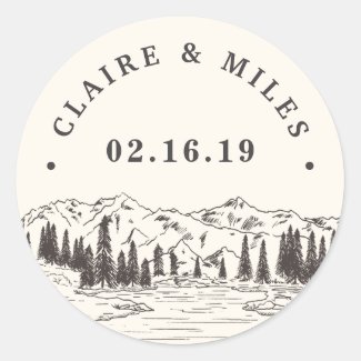 Mountain Sketch | Personalized Wedding Classic Round Sticker