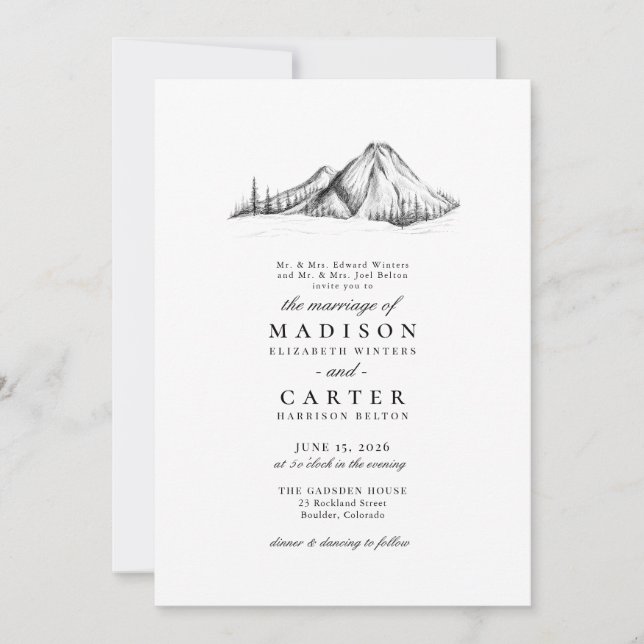 Mountain Sketch Rustic Elegant Wedding Invitation (Front)