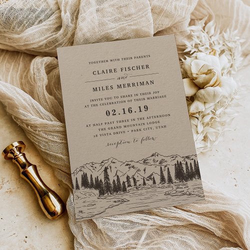 Mountain Sketch Wedding Invitation  Kraft