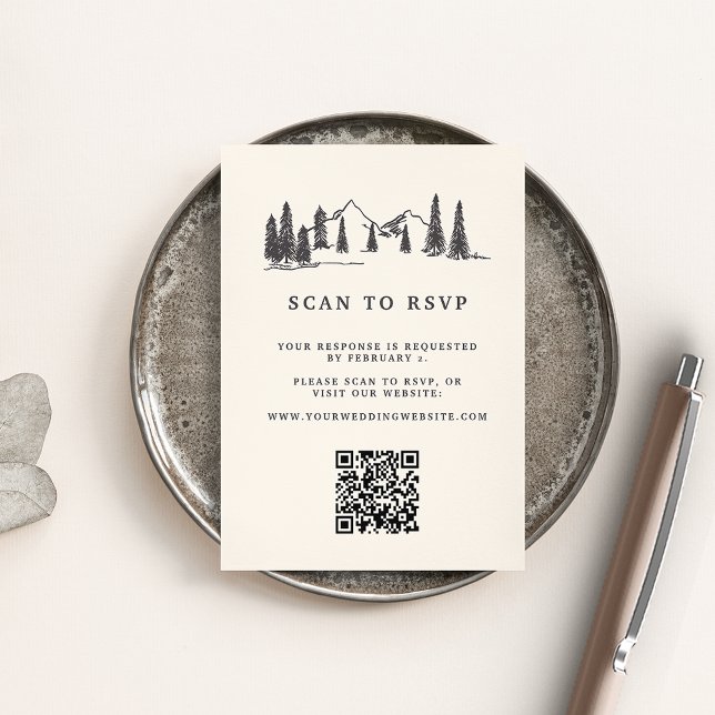 Mountain Sketch Wedding QR Code Website RSVP Enclosure Card (Creator Uploaded)