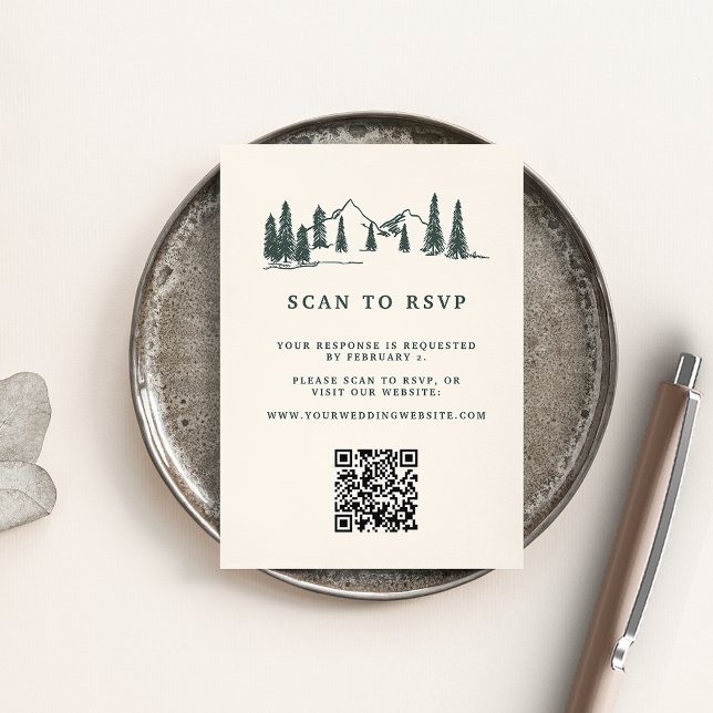 Mountain Sketch Wedding QR Code Website RSVP Enclosure Card (Creator Uploaded)