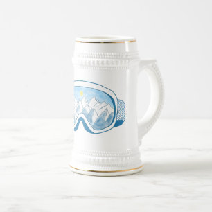 Mountain Ski Goggles Illustration White Beer Stein