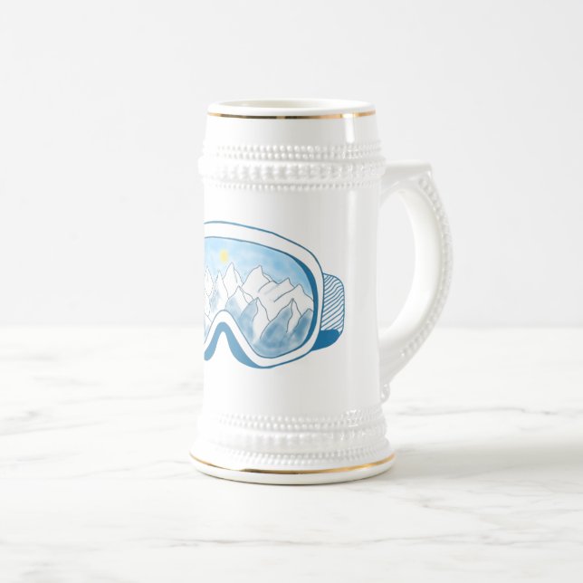 Mountain Ski Goggles Illustration White Beer Stein (Front Right)